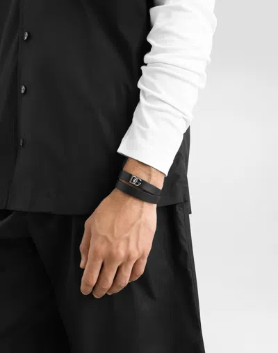 Dolce & Gabbana Logo-plaque Calfskin Bracelet In Black
