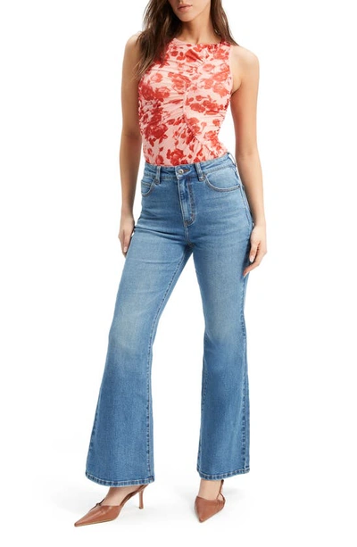 Shop Bardot Felicia Floral Ruched Mesh Top In Red Floral