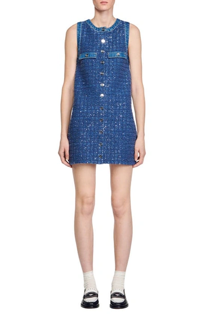 Shop Sandro Palmare Sequin Tweed Shift Minidress In Blue