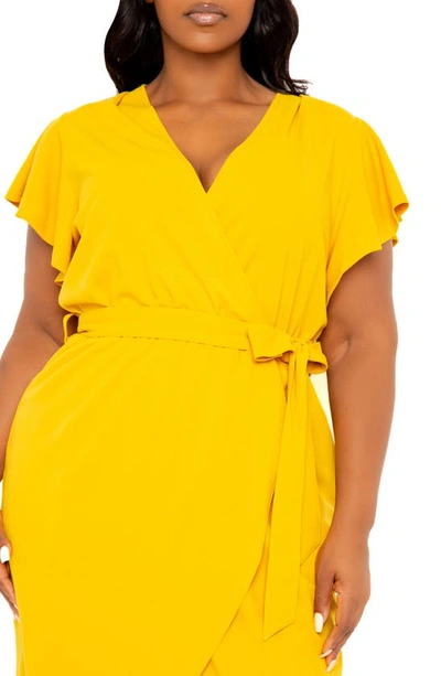 Shop Buxom Couture Flutter Sleeve High-low Faux Wrap Dress In Mustard