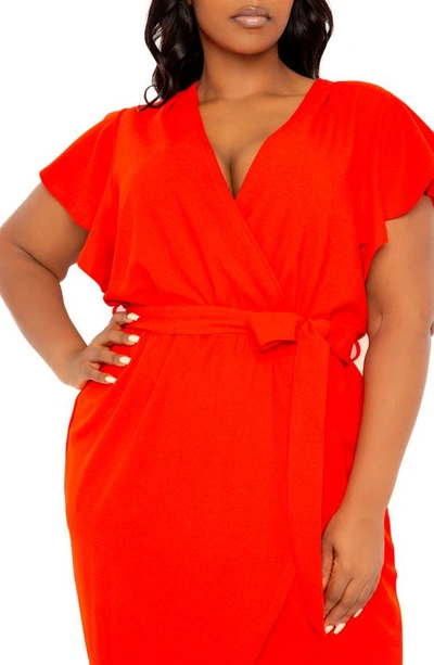 Shop Buxom Couture Flutter Sleeve High-low Faux Wrap Dress In Orange Red