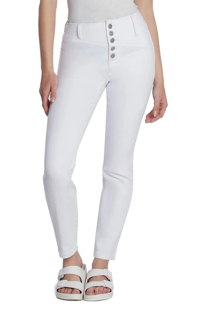 Shop Hint Of Blu Exposed Button Mid Rise Skinny Jeans In Pure White