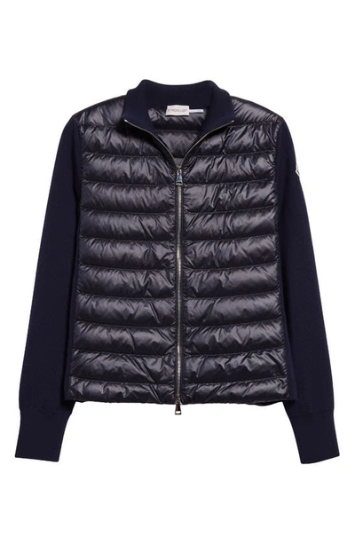 Shop Moncler Quilted Nylon & Wool Knit Cardigan In Dark Navy Blue