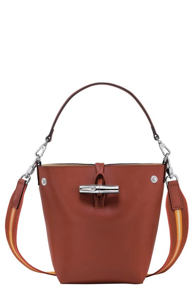 Shop Longchamp Extra Small Roseau Box Leather Bucket Bag In Mahogany