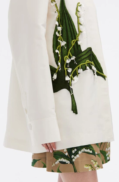 Shop Oscar De La Renta Lily Of The Valley Boxy Embroidered Silk Button-up Shirt In Ivory Multi