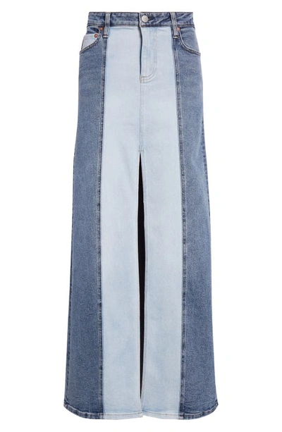 Shop Alice And Olivia Rye Two-tone Slit Front Denim Maxi Skirt In Brooklyn Blue/ Georgia Vintage