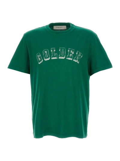 Shop Golden Goose Green Logo Print Crew Neck T-shirt In Cotton Man