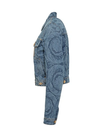 Shop Versace Denim Jacket With Baroque Pattern In Blue