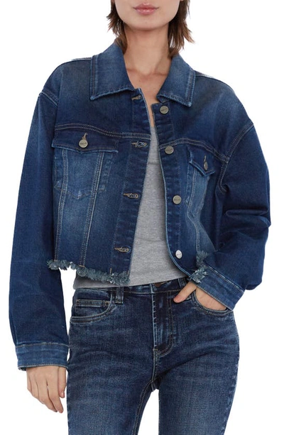 Shop Hint Of Blu Frayed Crop Denim Jacket In Porto Blue