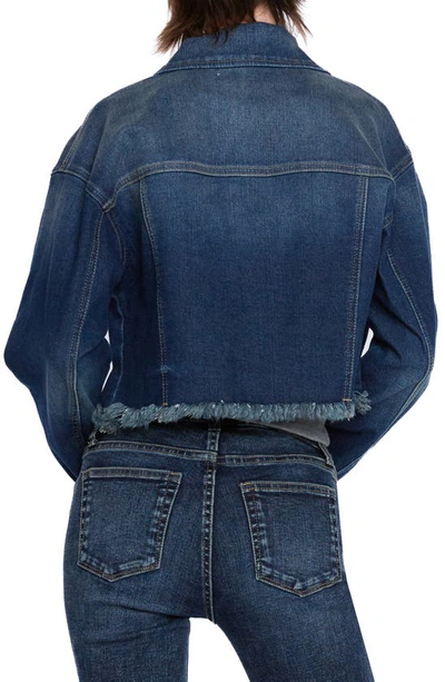 Shop Hint Of Blu Frayed Crop Denim Jacket In Porto Blue