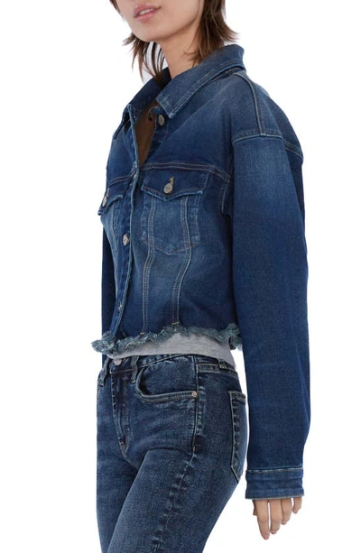 Shop Hint Of Blu Frayed Crop Denim Jacket In Porto Blue