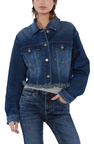 Shop Hint Of Blu Frayed Crop Denim Jacket In Porto Blue