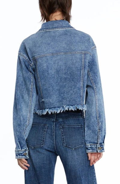 Shop Hint Of Blu Frayed Crop Denim Jacket In Swiss Blue