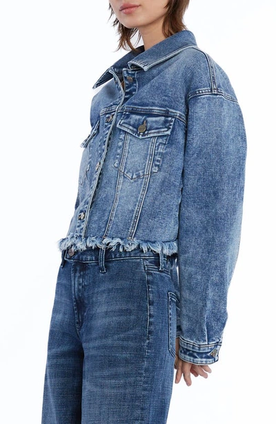 Shop Hint Of Blu Frayed Crop Denim Jacket In Swiss Blue