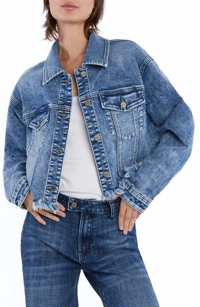 Shop Hint Of Blu Frayed Crop Denim Jacket In Swiss Blue