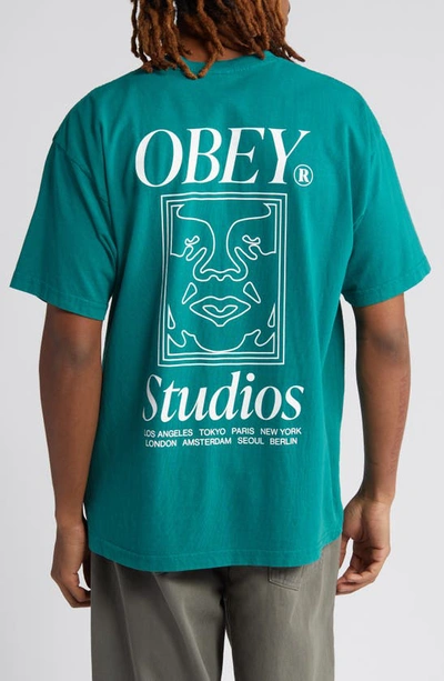 Shop Obey Studios Icon Logo Graphic T-shirt In Adventure Green