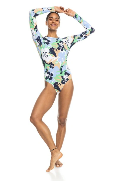Shop Roxy Floral Long Sleeve One-piece Swimsuit In Vintage Indigo Archi
