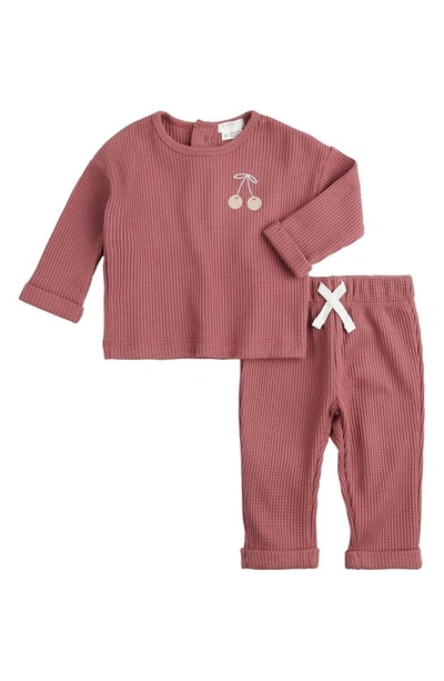 Shop Firsts By Petit Lem Jazzberry Appliqué Thermal Knit Top & Pants Set In Dark Pink