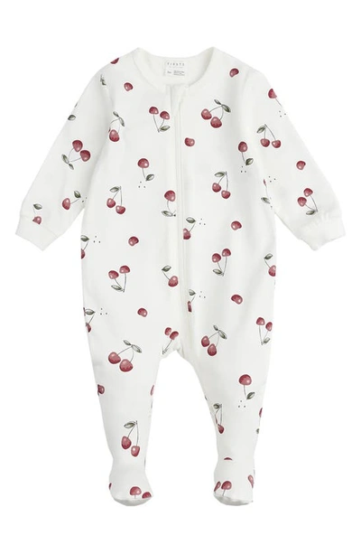 Shop Firsts By Petit Lem Cherry Stretch Organic Cotton Footie Pajamas In Off White