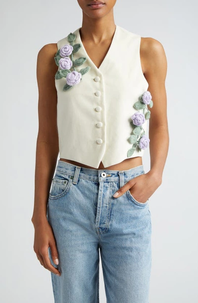 Shop Tanner Fletcher Gender Inclusive Carl Crochet Flower Velveteen Vest In Off White/ Lavender