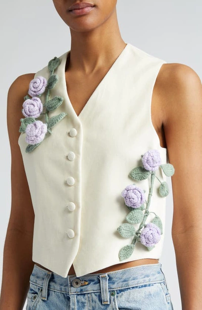 Shop Tanner Fletcher Gender Inclusive Carl Crochet Flower Velveteen Vest In Off White/ Lavender