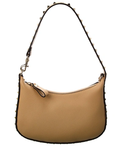 Shop Valentino Rockstud Mini Leather Hobo Bag In Brown