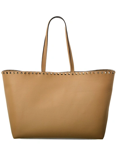 Shop Valentino Rockstud Large Grainy Leather Shopper Tote In Brown