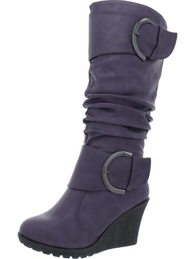 Shop Top Moda Pure Womens Faux Leather Mid-calf Wedge Boots In Purple