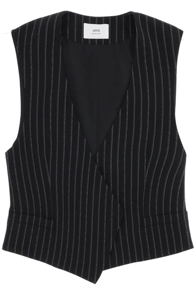 Shop Ami Alexandre Mattiussi Ami Paris Virgin Wool Pinstripe Waistcoat In Black