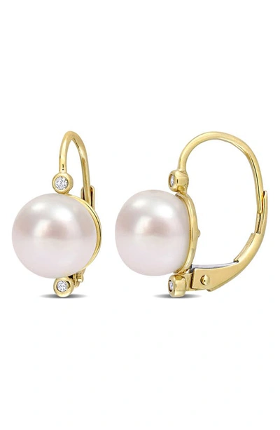 Shop Delmar 10k Gold 8-8.5mm Cultured Freshwater Pearl & Diamond Earrings In Gold/ Pearl