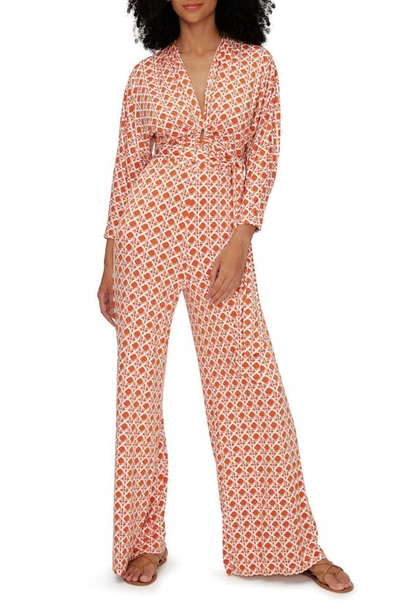 Shop Diane Von Furstenberg Aurelia Cane Print Long Sleeve Jumpsuit In Vintage Cane Marmalade