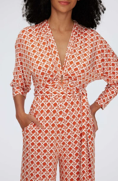 Shop Diane Von Furstenberg Aurelia Cane Print Long Sleeve Jumpsuit In Vintage Cane Marmalade