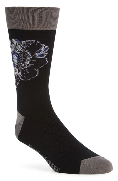 Shop Alexander Mcqueen Chiaroscuro Floral Cotton Crew Socks In Black/ Light Grey