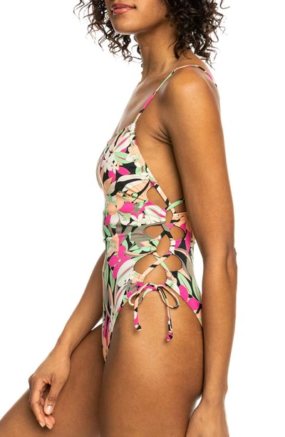 Shop Roxy Beach Classics Lace-up Side One-piece Swimsuit In Anthracite Palm Songs