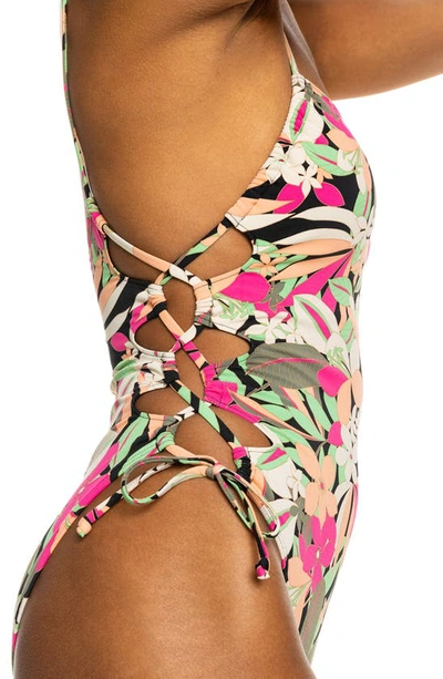 Shop Roxy Beach Classics Lace-up Side One-piece Swimsuit In Anthracite Palm Songs