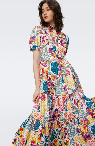 Shop Diane Von Furstenberg Queena Tie Belt Stretch Cotton Midi Dress In Patched Floral