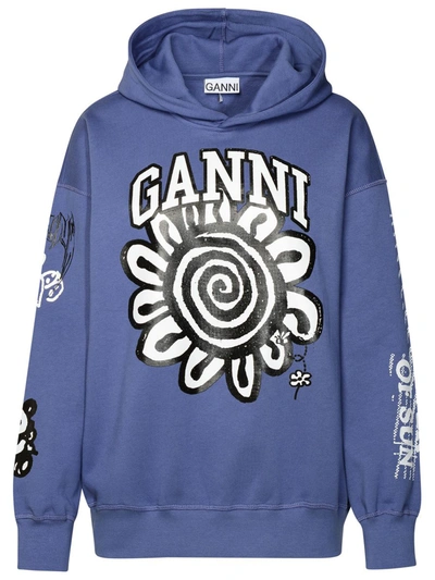 Shop Ganni 'isoli Flower' Blue Cotton Sweatshirt