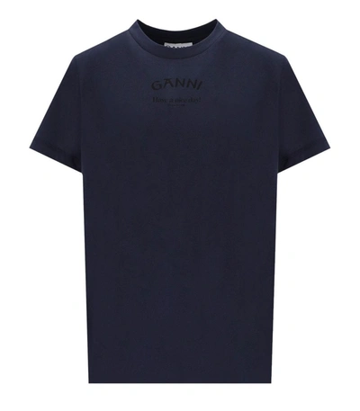 Shop Ganni Relaxed O-neck Blue T-shirt In Navy