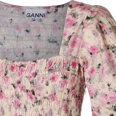 Shop Ganni Long White And Pink Dress With Floreal Print And Puff Sleeves In Cotton Woman