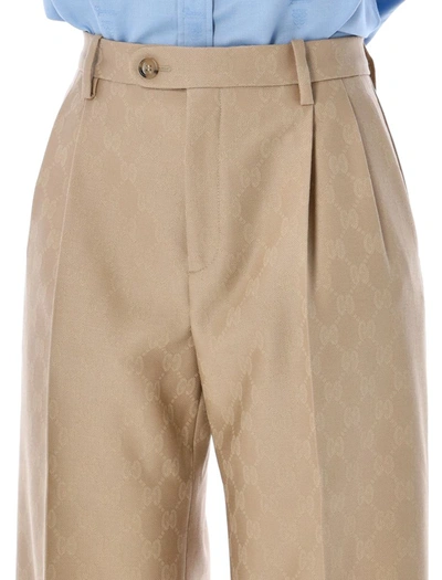 Shop Gucci Gg Wool Jacquard Trousers In Camel