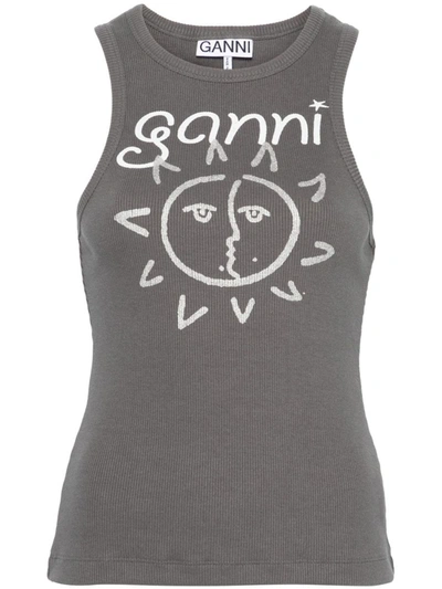 Shop Ganni Top With Logo In Grey