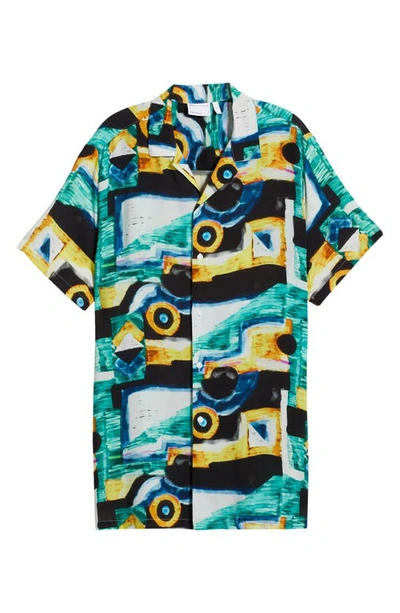 Shop Asos Design Relaxed Fit Watercolor Print Short Sleeve Satin Bowling Shirt In Green Multi
