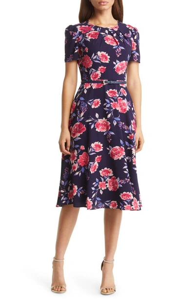 Shop Eliza J Floral Print Midi Dress In Navy Multi