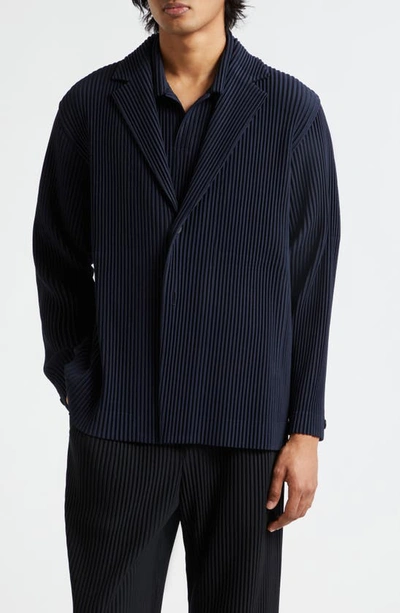 Issey Miyake Single-breasted Blazer Pleated Texture Notched Lapel In Navy