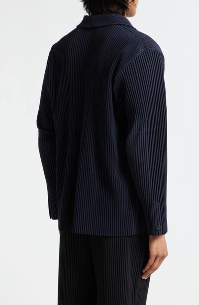Issey Miyake Single-breasted Blazer Pleated Texture Notched Lapel In Navy