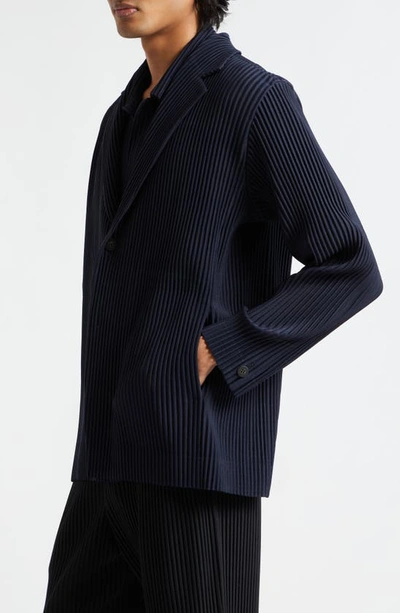 Issey Miyake Single-breasted Blazer Pleated Texture Notched Lapel In Navy