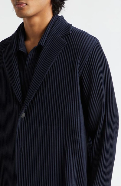 Issey Miyake Single-breasted Blazer Pleated Texture Notched Lapel In Navy