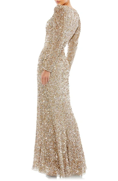 Shop Mac Duggal Long Sleeve Sequin Trumpet Gown In Shimmering Gold