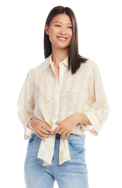 Shop Karen Kane Embroidered Eyelet Tie Front Shirt In Daisy