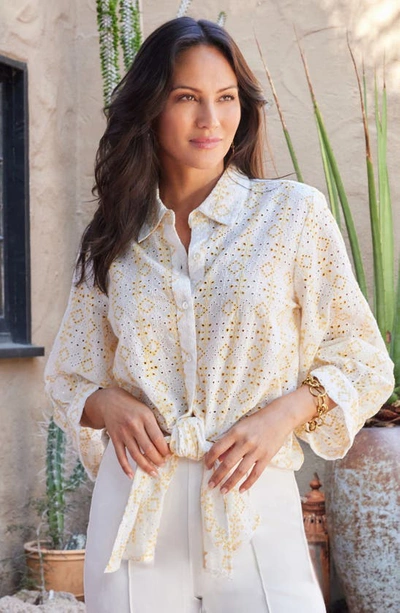 Shop Karen Kane Embroidered Eyelet Tie Front Shirt In Daisy